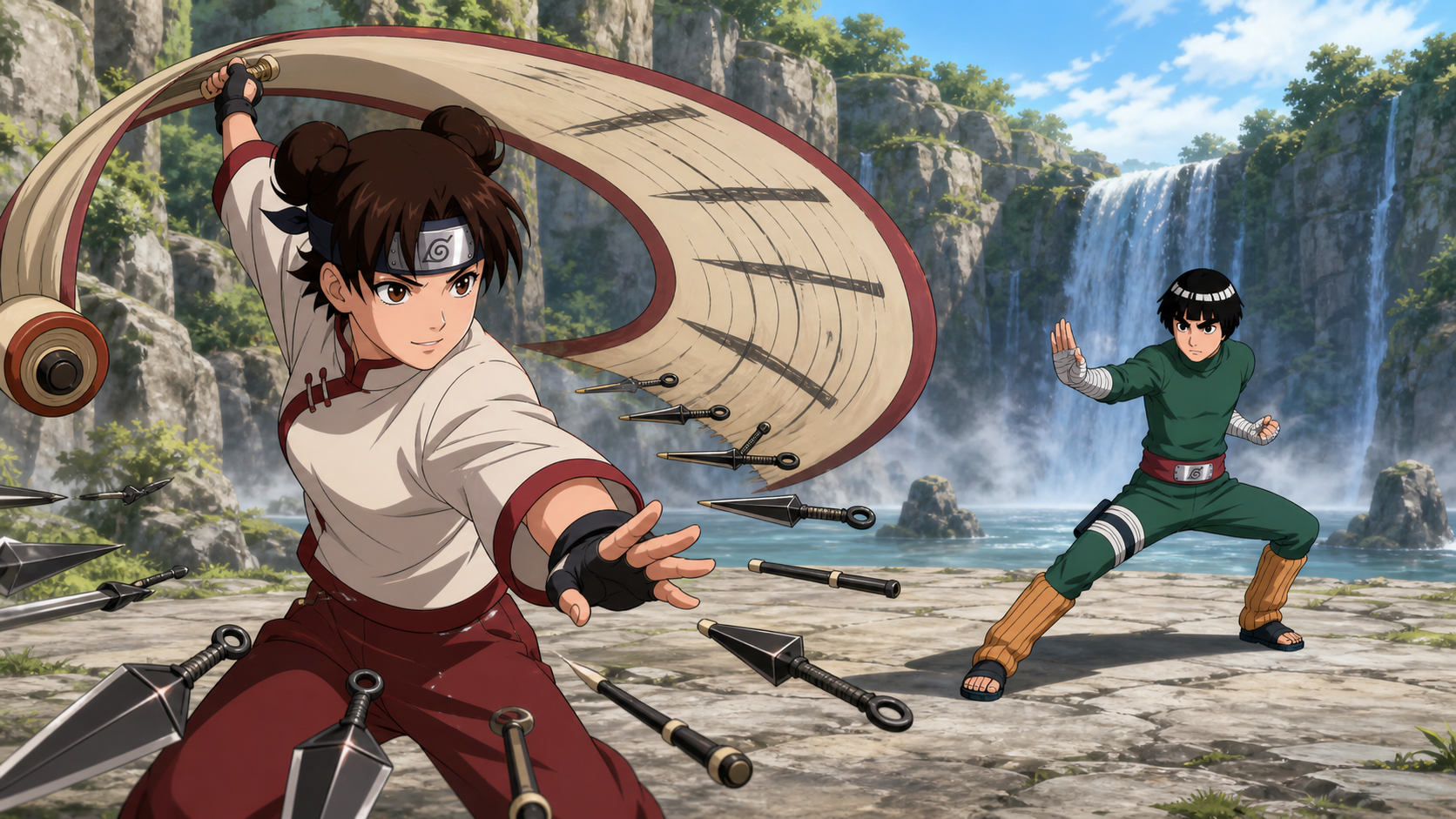 Tenten summons a precise scroll-borne weapon pattern while helping Rock Lee train near a waterfall in Naruto Shippuden Episode 237