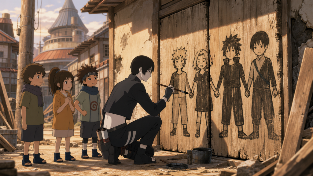 Sai paints Naruto, Sakura, Sasuke and himself holding hands on salvaged doors while three children watch in Naruto Shippuden Episode 238