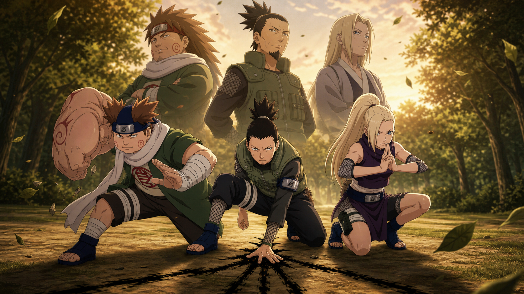 Ino, Shikamaru and Choji coordinate in a woodland clearing before their three fathers appear behind them as the legendary previous generation in Naruto Shippuden Episode 239