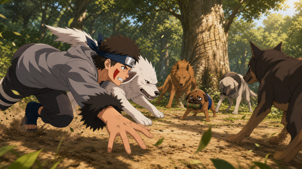 Kiba and Akamaru charge toward Pakkun carrying a scroll while three other ninja hounds form a training barrier in Naruto Shippuden Episode 240