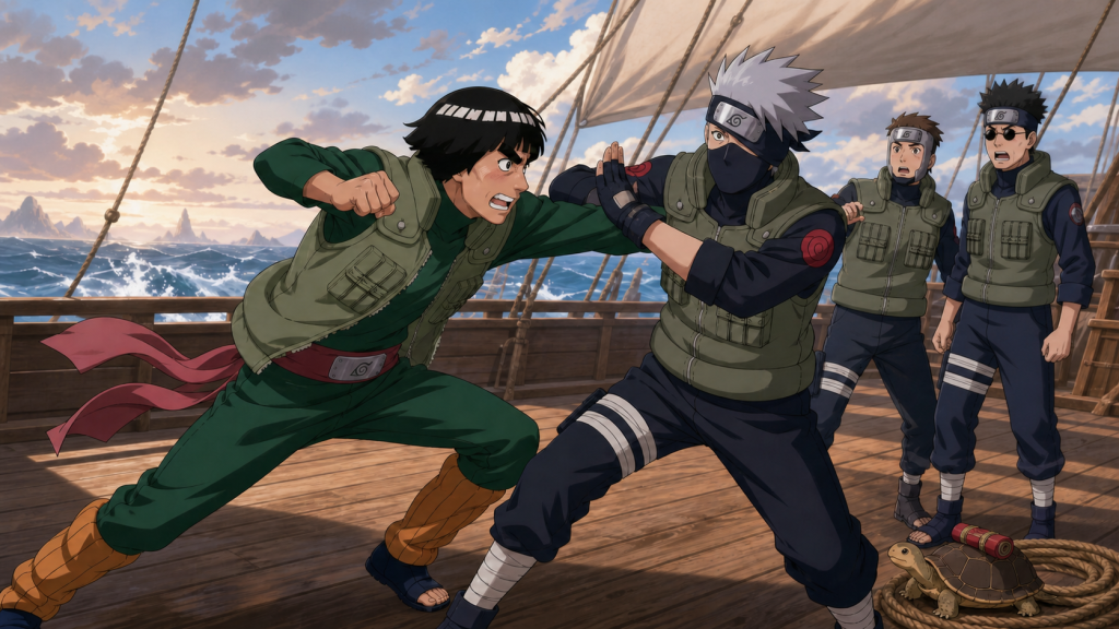 Might Guy lunges at Kakashi on a Leaf supply ship while Yamato and Aoba react and an emergency messenger tortoise rests beside the rigging in Naruto Shippuden Episode 241