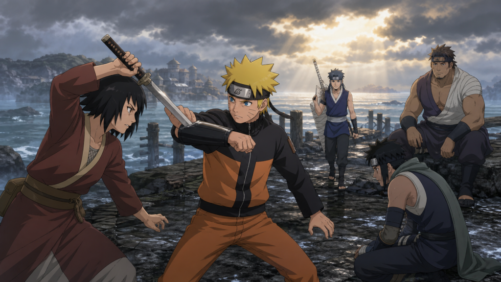 Naruto blocks Kurotsuchi’s sword to protect the kneeling Ganryu while Chojuro and the injured Akatsuchi watch on a Land of Water shoreline in Naruto Shippuden Episode 242