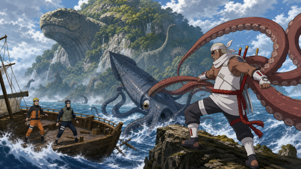 Killer B uses Gyuki’s red-brown tentacles to restrain a giant blue-gray squid while Naruto and Yamato watch from a supply ship before the Island Turtle in Naruto Shippuden Episode 243