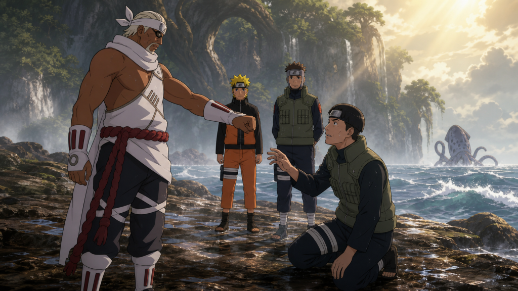 Killer B extends a fist toward the kneeling Motoi after rescuing him while Naruto and Yamato witness their reconciliation on the Island Turtle shore in Naruto Shippuden Episode 244