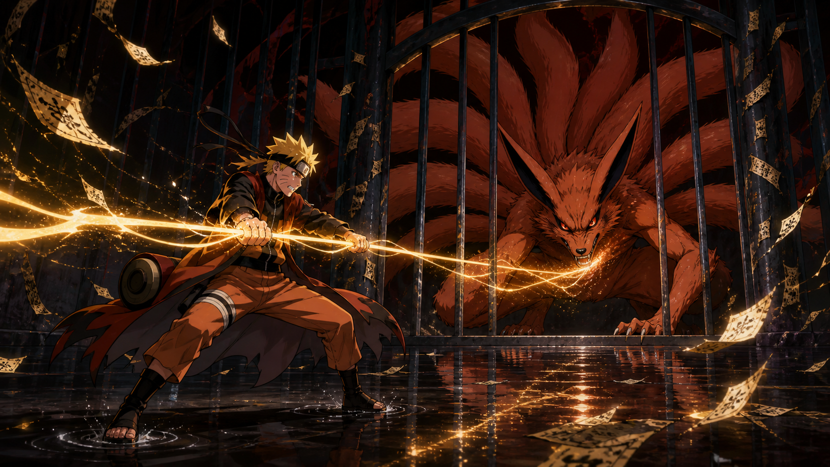 Naruto in Sage Mode pulls golden chakra from Kurama in a flooded seal chamber while the Nine-Tails resists behind a partially opened gate in Naruto Shippuden Episode 245