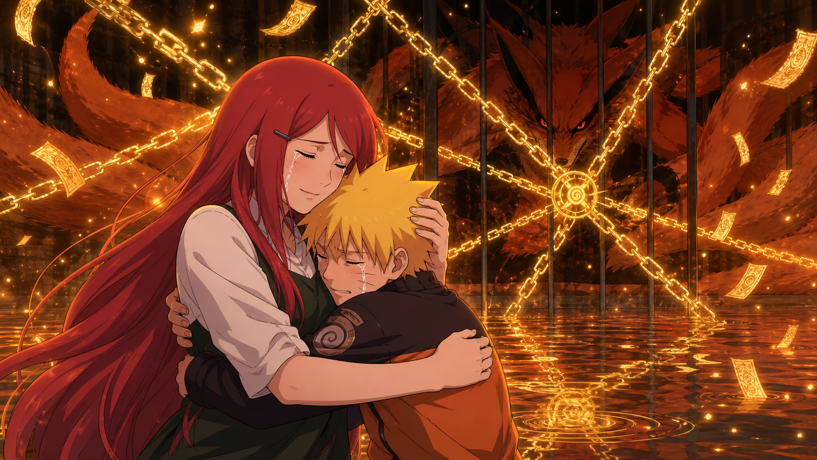 Naruto tearfully embraces Kushina while her golden sealing chains bind Kurama behind them in Naruto Shippuden Episode 246