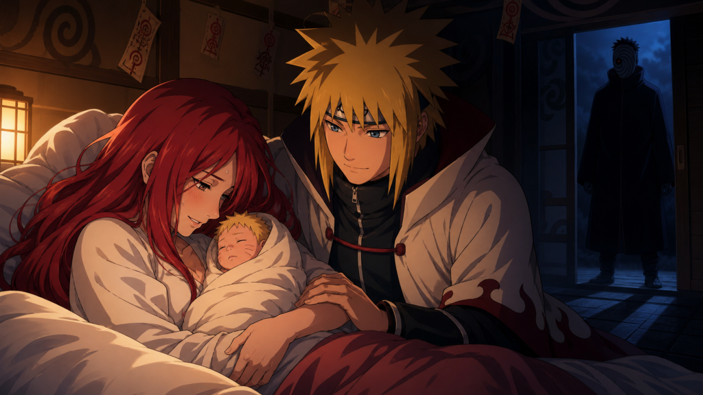 Kushina cradles newborn Naruto beside Minato while a masked attacker waits in the distant doorway in Naruto Shippuden Episode 247