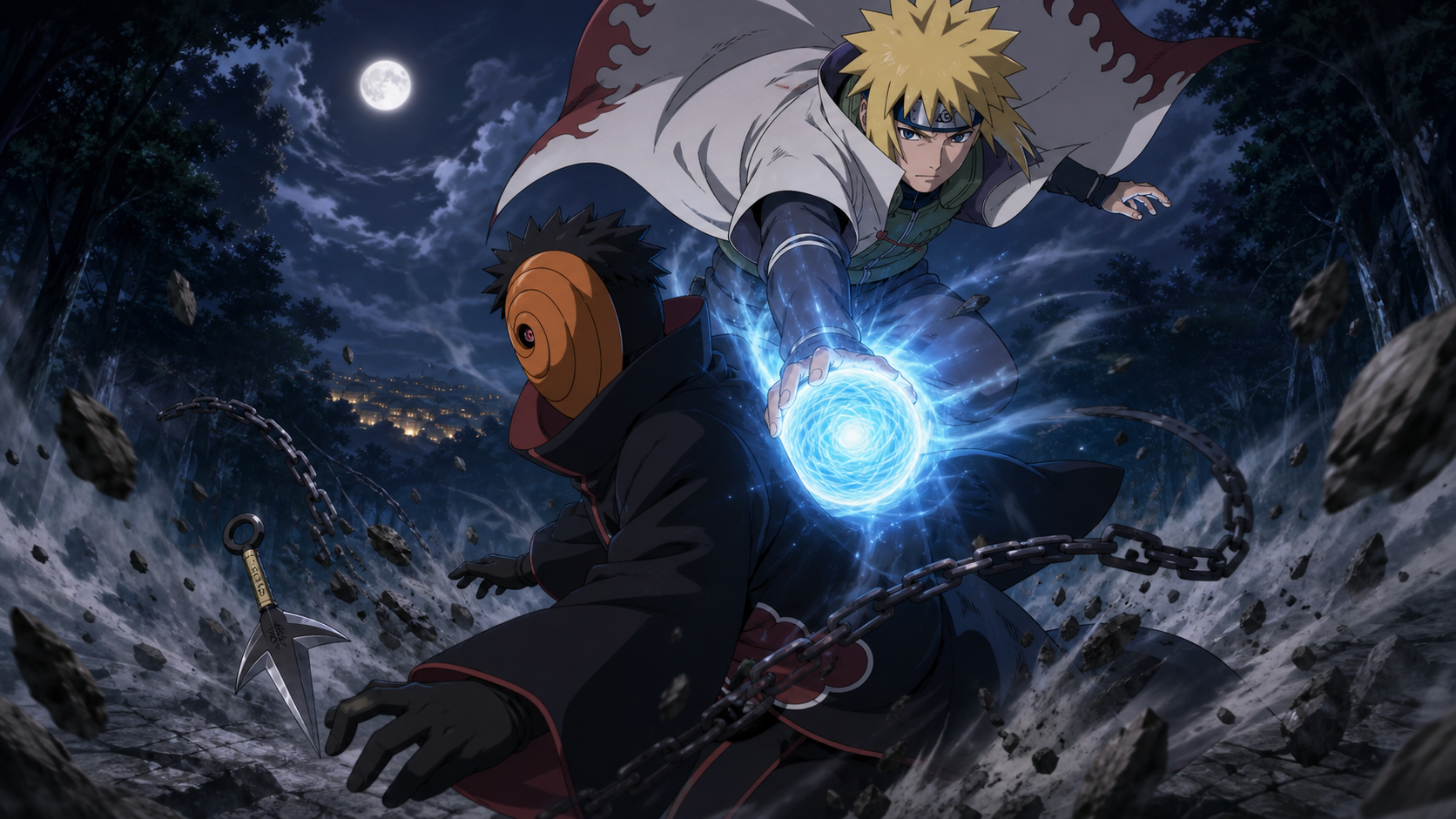 Minato drives a blue Rasengan into the masked shinobi after a Flying Raijin feint in Naruto Shippuden Episode 248