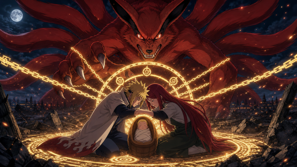 Minato and Kushina shelter newborn Naruto beneath golden sealing light while Kurama looms behind them in Naruto Shippuden Episode 249