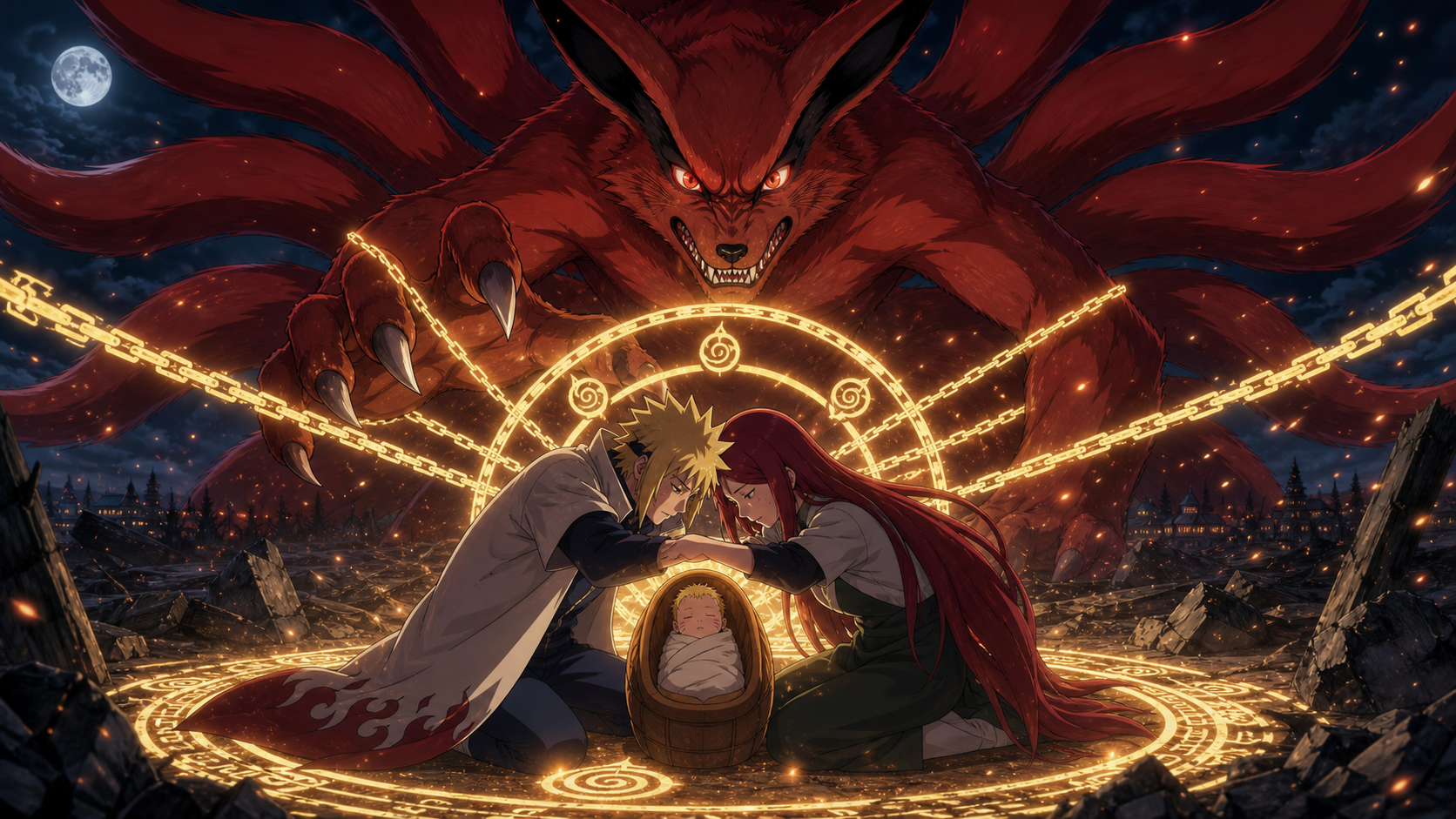 Minato and Kushina shelter newborn Naruto beneath golden sealing light while Kurama looms behind them in Naruto Shippuden Episode 249