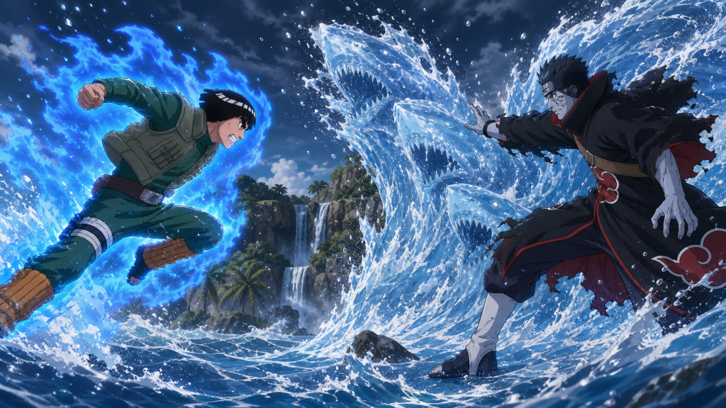 Might Guy charges through a blue Seventh Gate aura toward Kisame’s shark-shaped water attack in Naruto Shippuden Episode 250