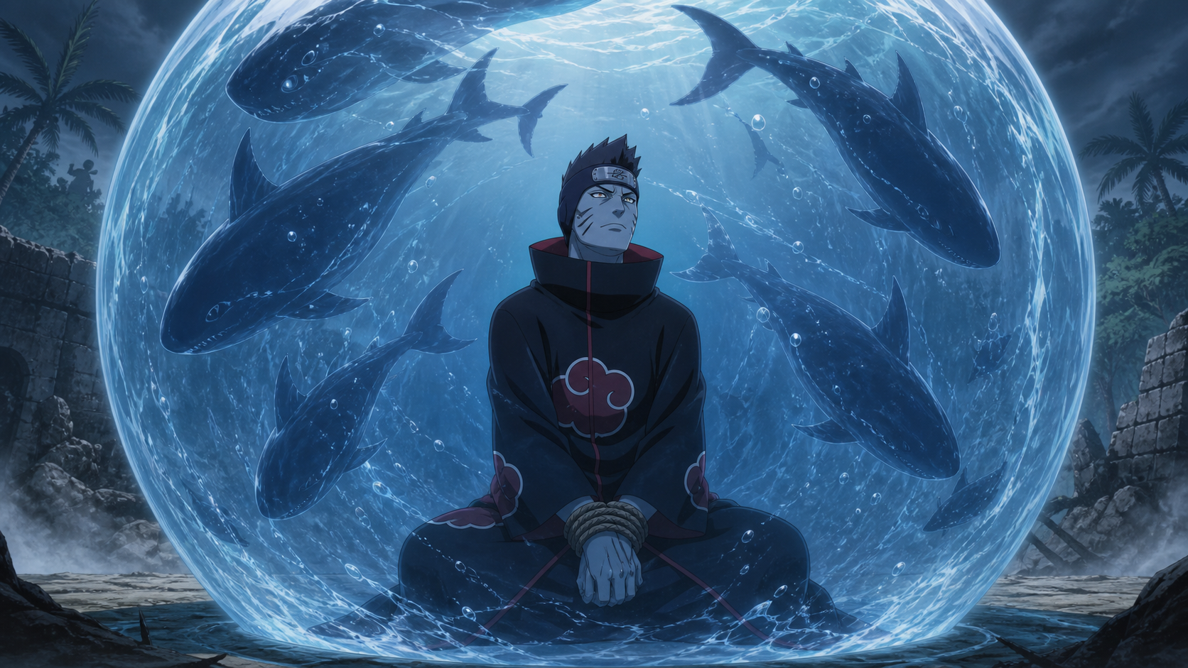 Bound Kisame sits calmly inside a spherical water prison while chakra sharks circle him in Naruto Shippuden Episode 251