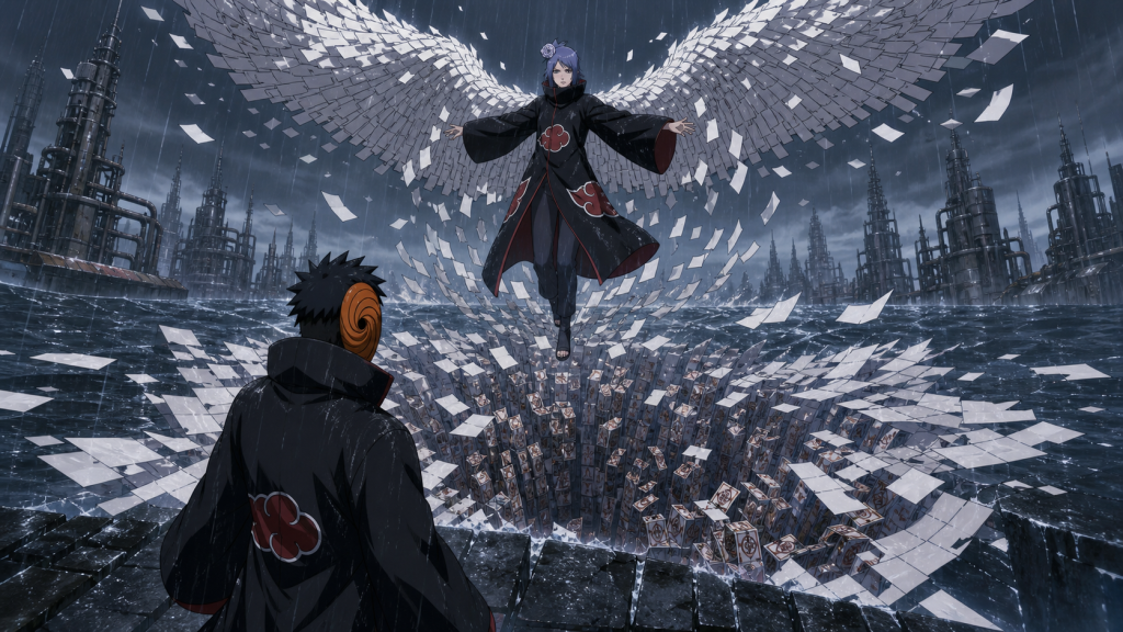 Konan spreads vast white paper wings above a concealed paper-bomb abyss while the masked man faces her in Naruto Shippuden Episode 252