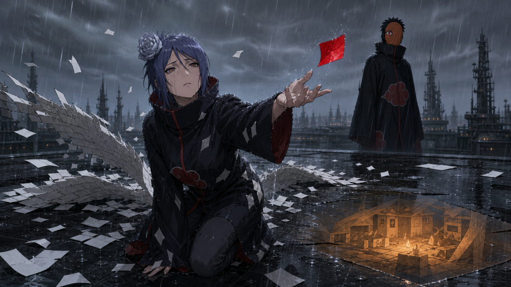 Konan releases one red paper square into the rain while the masked man stands behind her in Naruto Shippuden Episode 253