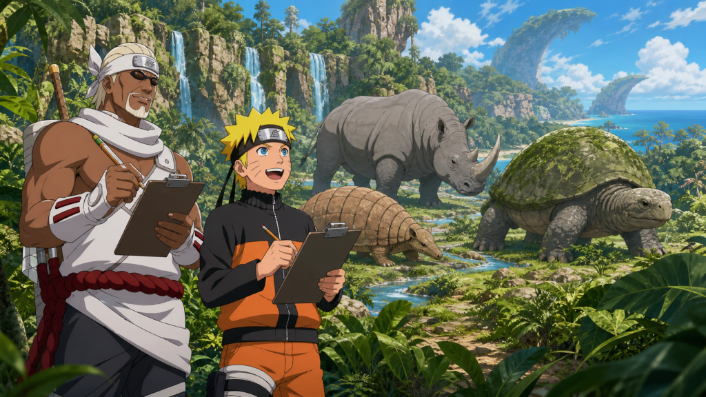 Naruto and Killer B record giant island animals on clipboards during the fake S-rank mission in Naruto Shippuden Episode 254