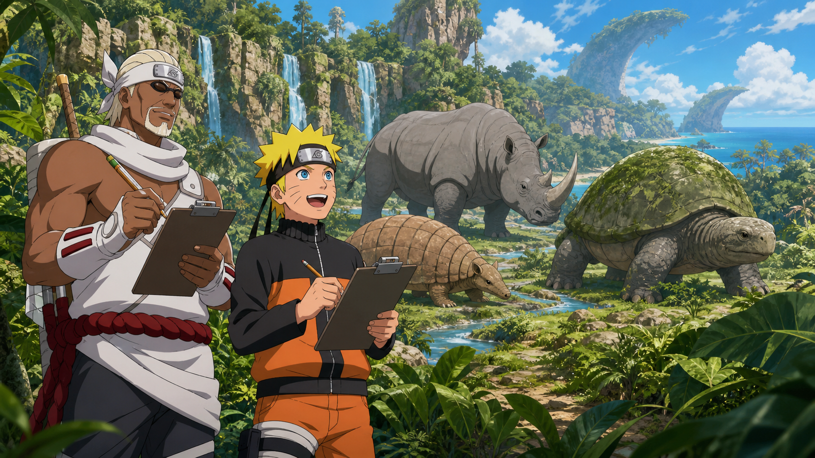 Naruto and Killer B record giant island animals on clipboards during the fake S-rank mission in Naruto Shippuden Episode 254