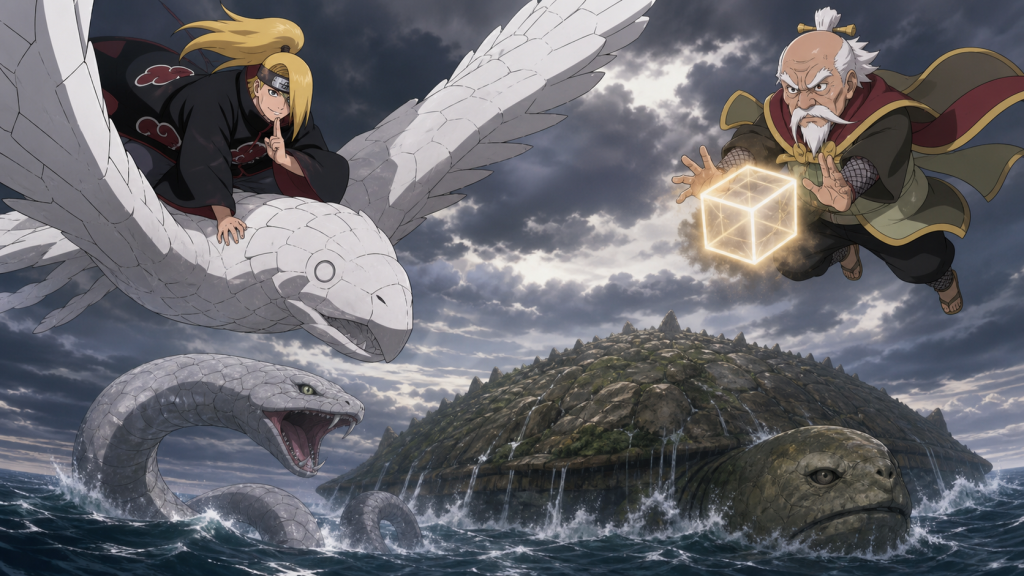 Reanimated Deidara battles Onoki above the living island while Manda II attacks the giant turtle from the ocean in Naruto Shippuden Episode 255