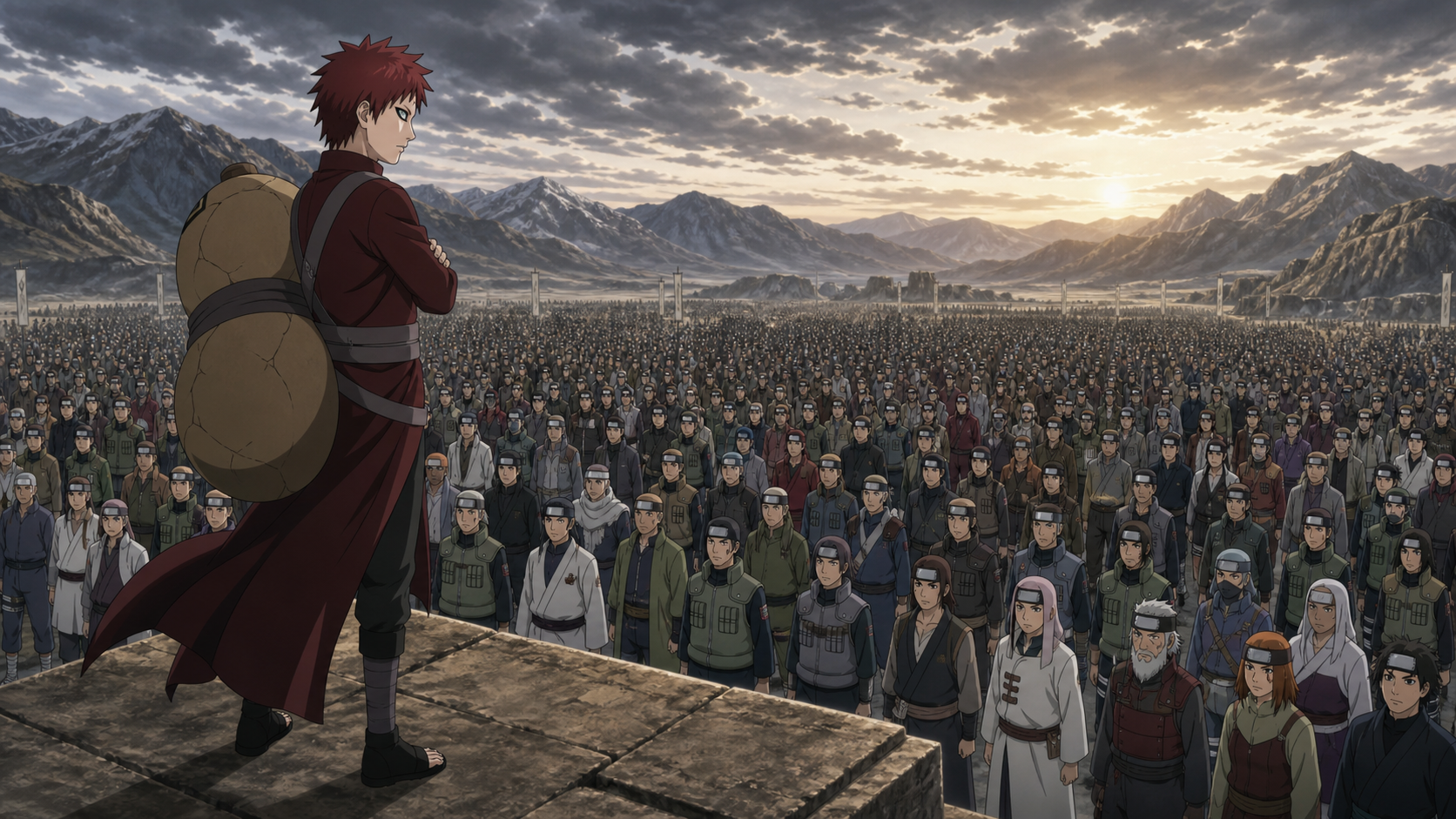 Gaara stands before the assembled shinobi from the five great villages as their commander in Naruto Shippuden Episode 256