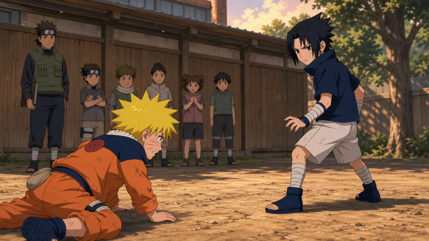 Young Naruto rises after an Academy spar while Sasuke watches him with guarded grief in Naruto Shippuden Episode 257