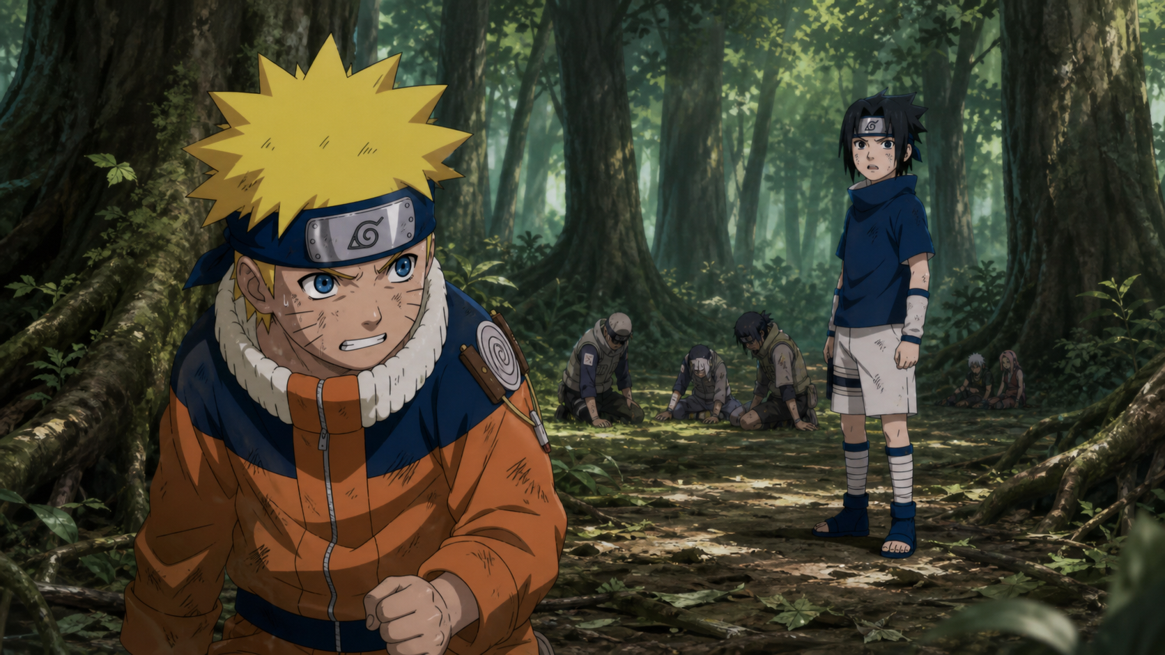 Young Naruto stands exhausted after exposing the Rain genin while Sasuke watches with new respect in Naruto Shippuden Episode 258