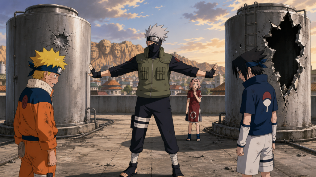 Kakashi stands between young Naruto and Sasuke after their hospital rooftop clash reveals the unequal water-tank damage in Naruto Shippuden Episode 259