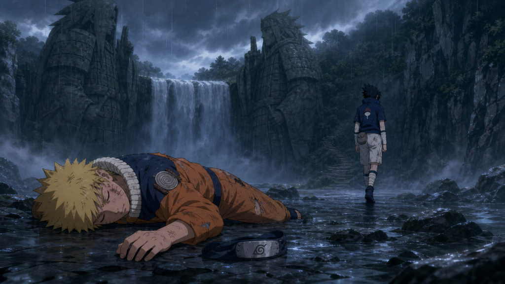 Young Naruto lies alive in the rain as Sasuke walks away beneath the Valley of the End statues in Naruto Shippuden Episode 260