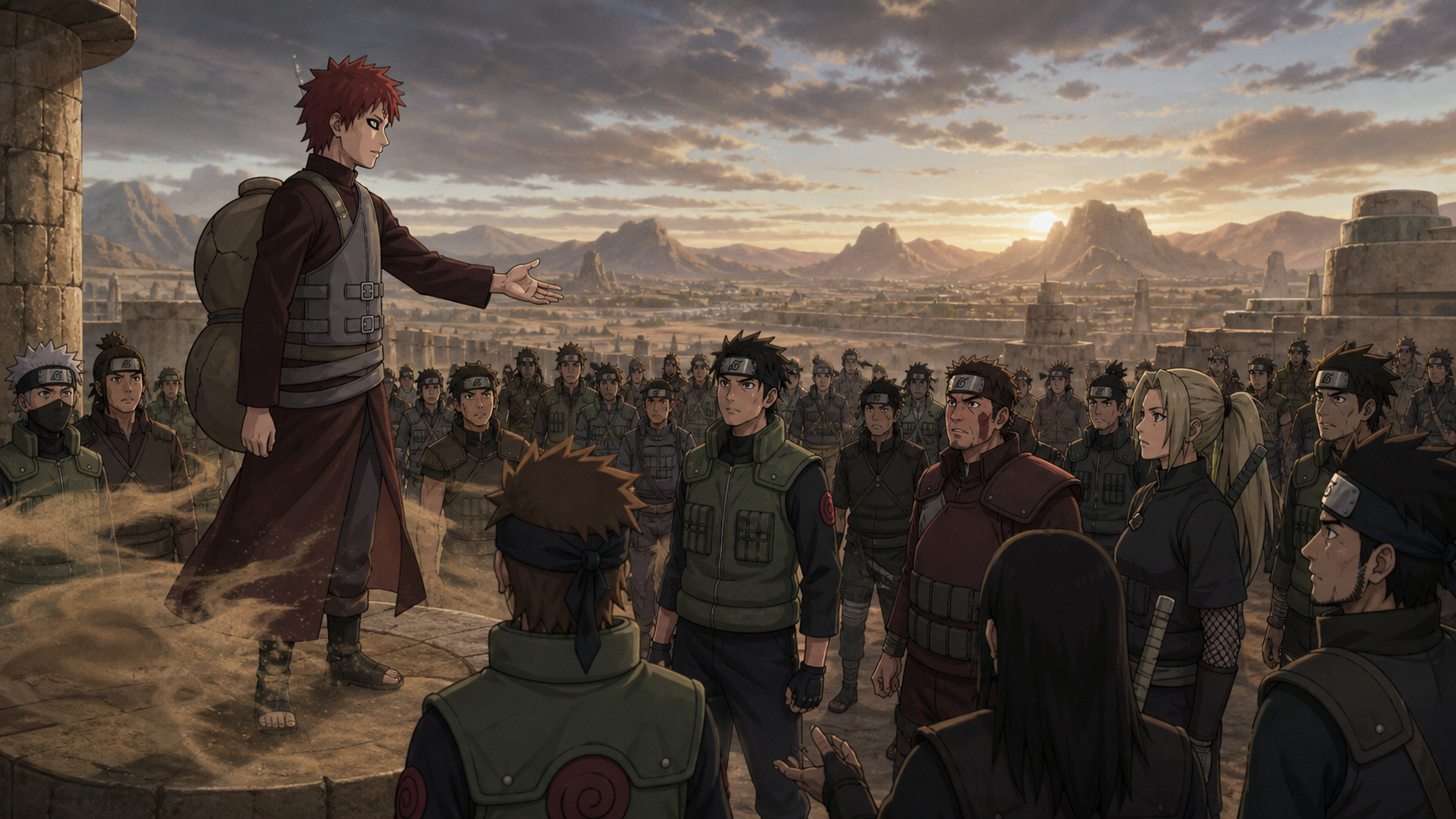 Gaara addresses the divided Allied Shinobi Forces as rival soldiers lower their weapons in Naruto Shippuden Episode 261