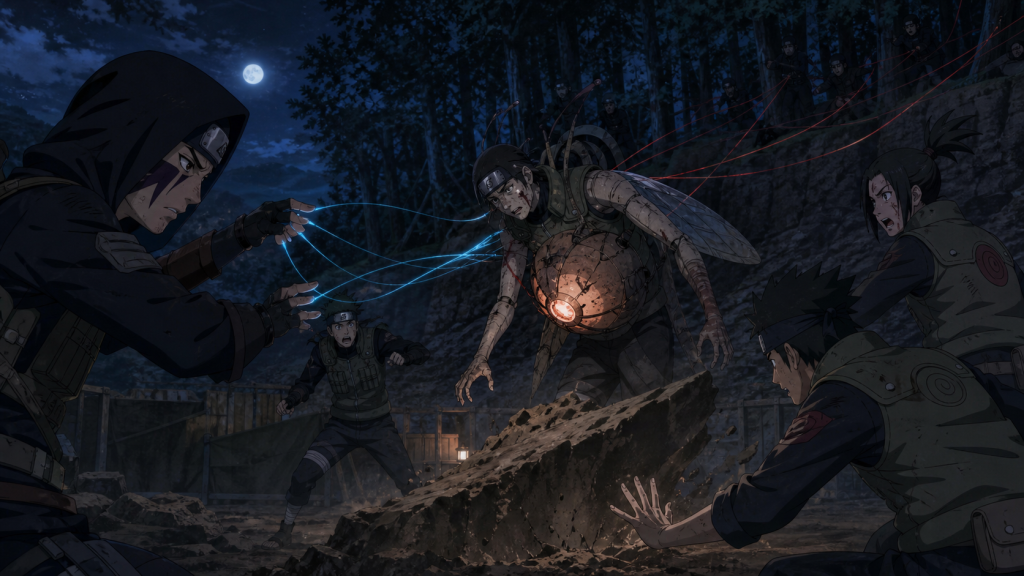 Kankurō uses chakra threads to pull an allied scout away from an enemy body-bomb trap in Naruto Shippuden Episode 262