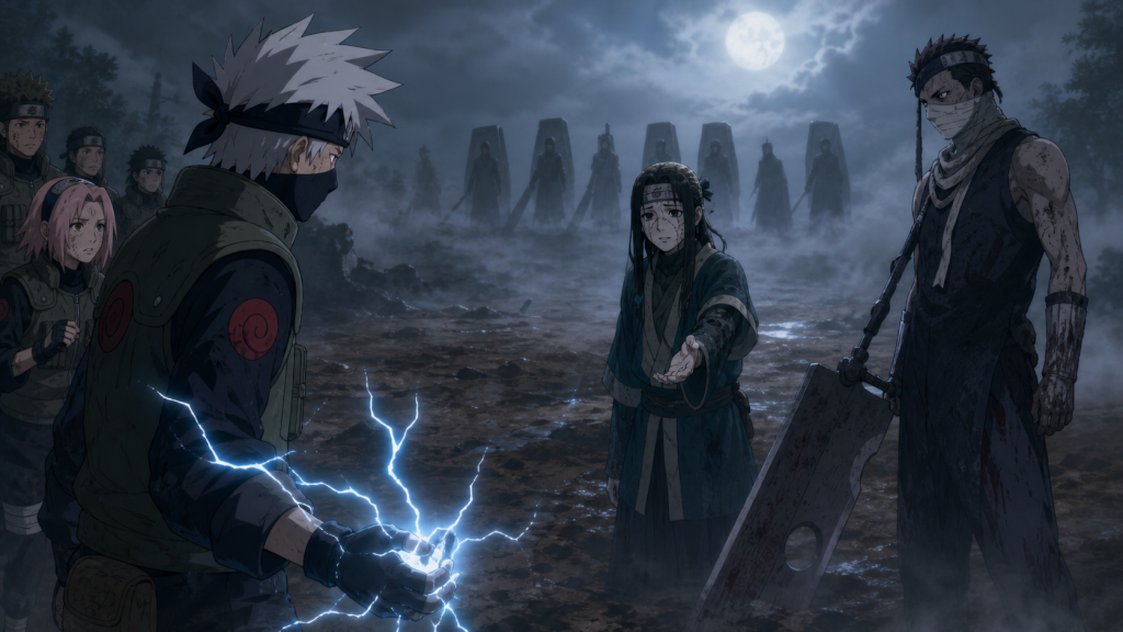 Kakashi faces reanimated Zabuza and Haku through the battlefield mist in Naruto Shippuden Episode 265