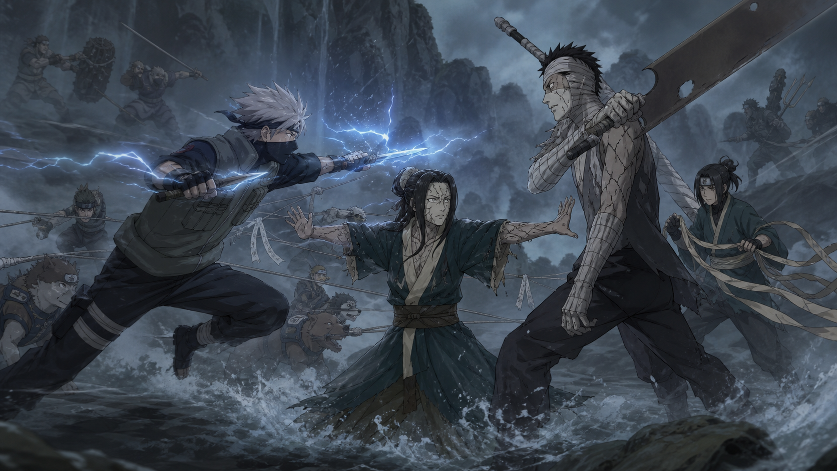 Kakashi attacks Zabuza through the hidden mist as Haku intercepts and allied sealing teams close in during Naruto Shippuden Episode 266