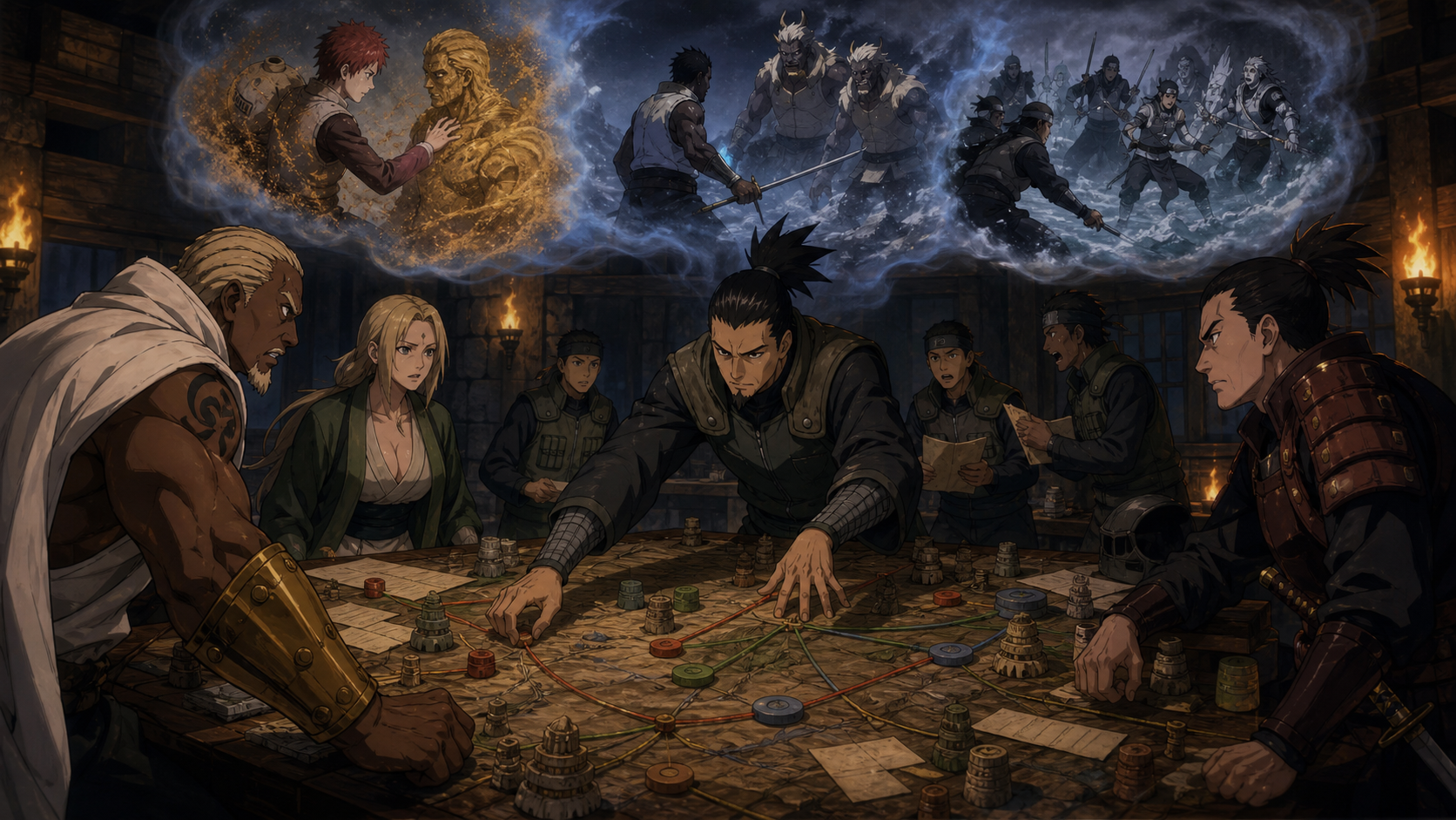 Shikaku reorganizes allied battlefield routes at the command table while the Raikage and Tsunade receive crisis reports in Naruto Shippuden Episode 267