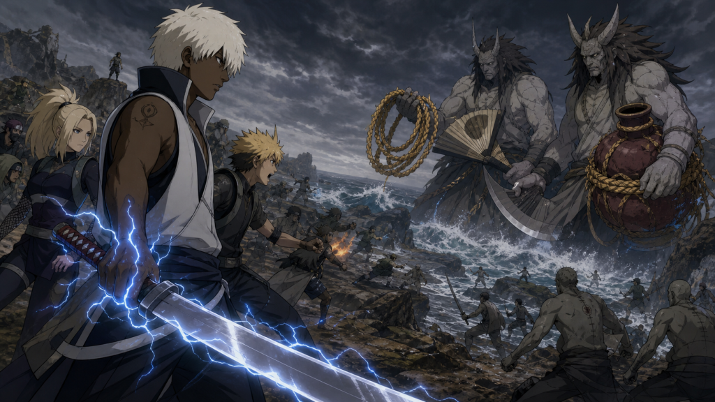 Darui leads Samui and Atsui against the reanimated Gold and Silver Brothers and their treasured tools in Naruto Shippuden Episode 268