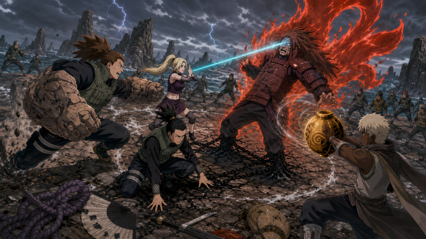 Ino Shikamaru and Chōji coordinate with Darui to seal Kinkaku in the amber pot during Naruto Shippuden Episode 270