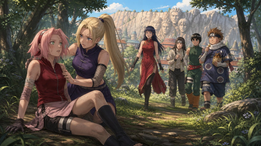 Sakura sits dazed after falling into a forest clearing while Ino protects her and their alternate-world friends approach during Naruto Shippuden Episode 271
