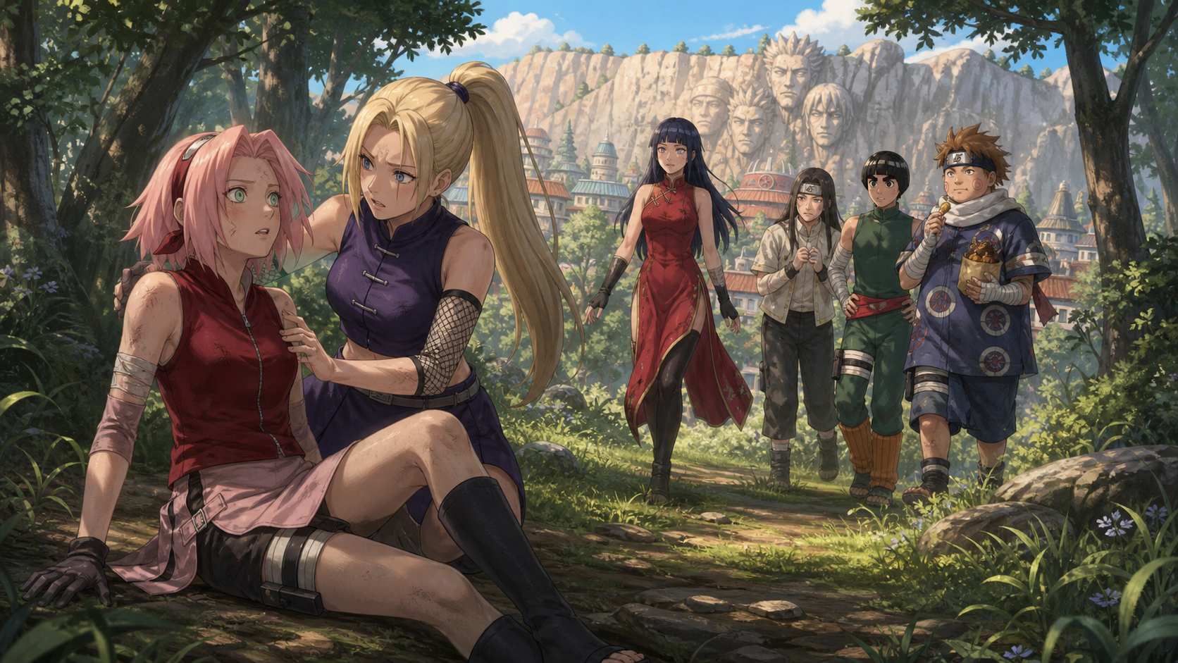 Sakura sits dazed after falling into a forest clearing while Ino protects her and their alternate-world friends approach during Naruto Shippuden Episode 271