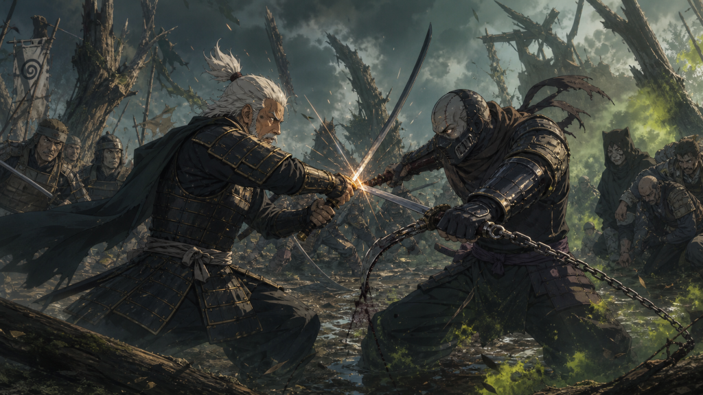 Mifune draws his katana against reanimated Hanzō and his poisoned chain sickle while samurai shield Kankurō’s unit in Naruto Shippuden Episode 272