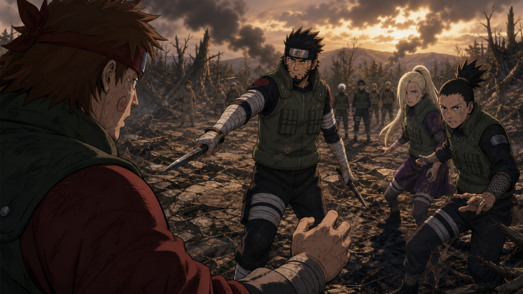 Chōji hesitates in the foreground while reanimated Asuma advances with chakra blades and Ino and Shikamaru hold formation in Naruto Shippuden Episode 273