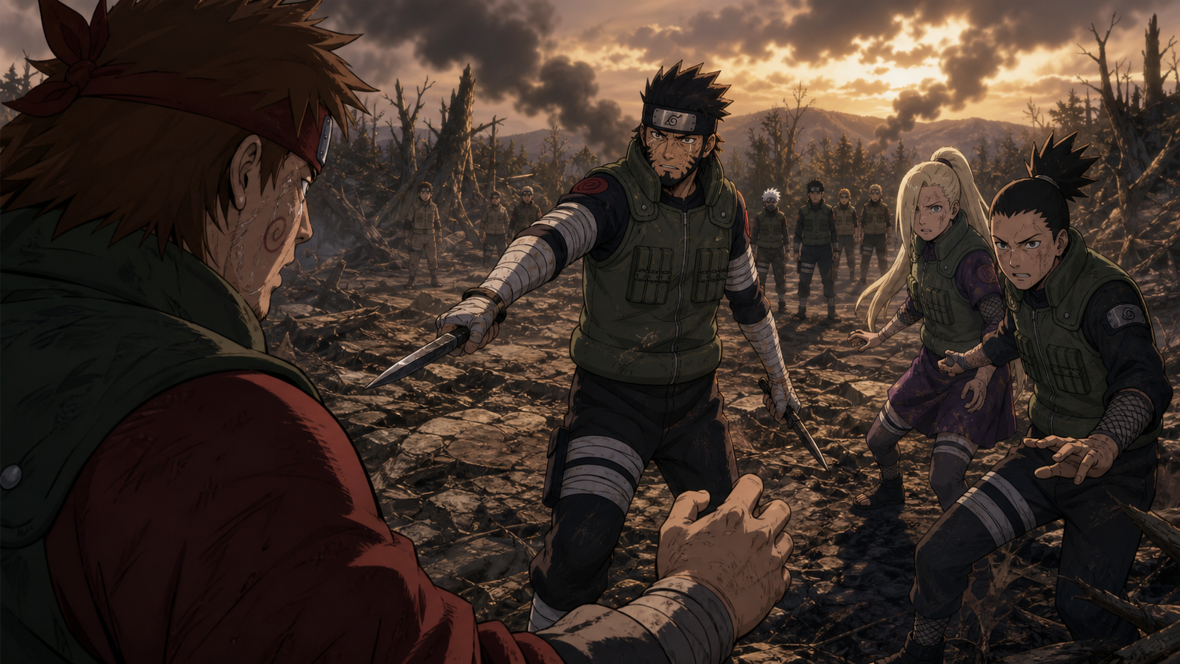 Chōji hesitates in the foreground while reanimated Asuma advances with chakra blades and Ino and Shikamaru hold formation in Naruto Shippuden Episode 273