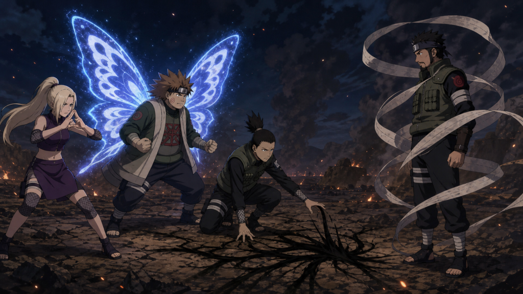 Ino, Chōji, and Shikamaru complete the Ino-Shika-Chō formation against reanimated Asuma on the Fourth Shinobi World War battlefield in Naruto Shippuden Episode 274