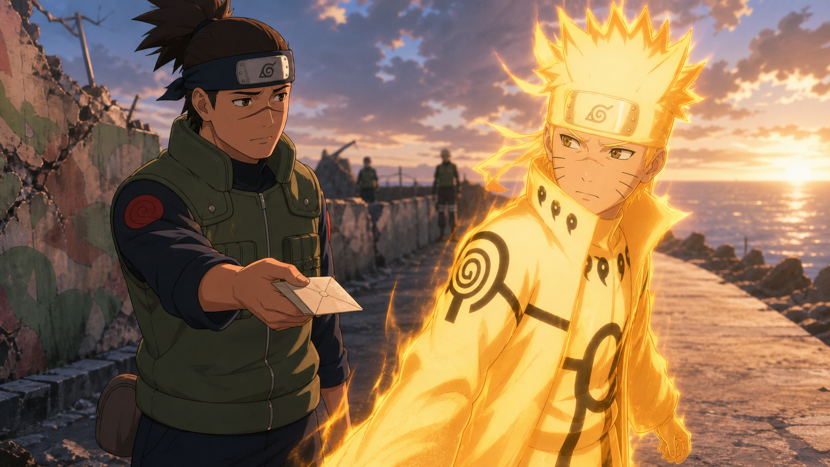 Naruto in Nine-Tails Chakra Mode looks back as Iruka offers him a letter on the island road before Naruto joins the Fourth Shinobi World War in Naruto Shippuden Episode 275