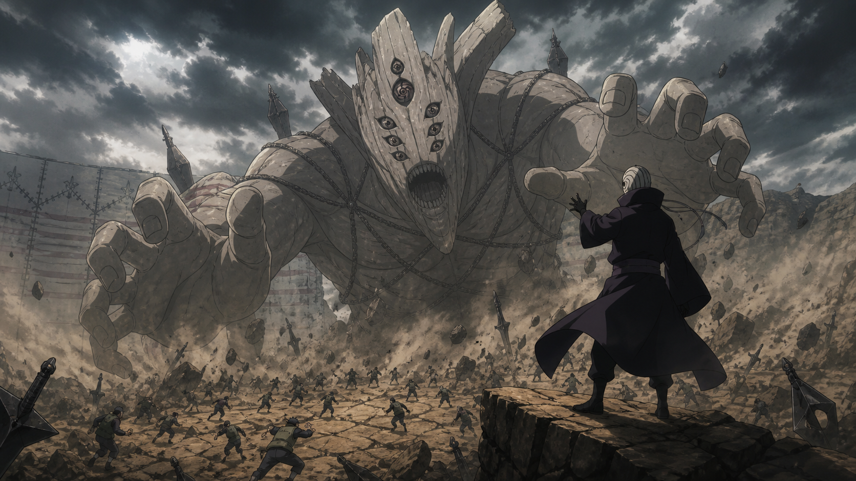 Masked Obito summons the colossal Gedō Statue as Allied Shinobi scatter across a shattered Fourth Shinobi World War battlefield in Naruto Shippuden Episode 276