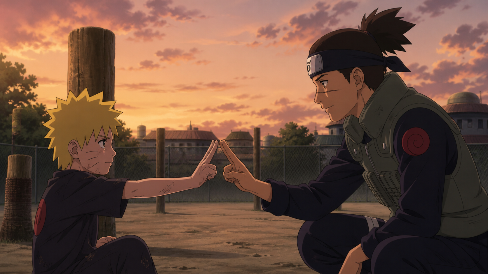 Young Naruto and Iruka meet in the traditional two-finger unison sign after a difficult academy spar at sunset in Naruto Shippuden Episode 277