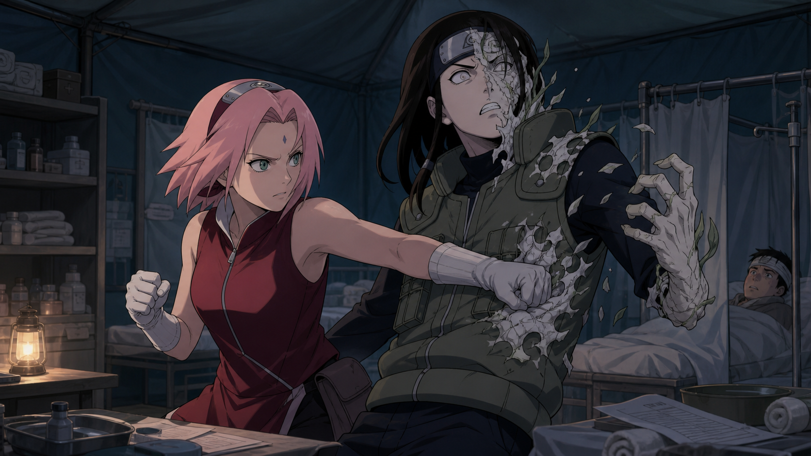 Sakura strikes a White Zetsu infiltrator whose false Neji disguise is peeling apart inside an Allied Shinobi medical tent in Naruto Shippuden Episode 278