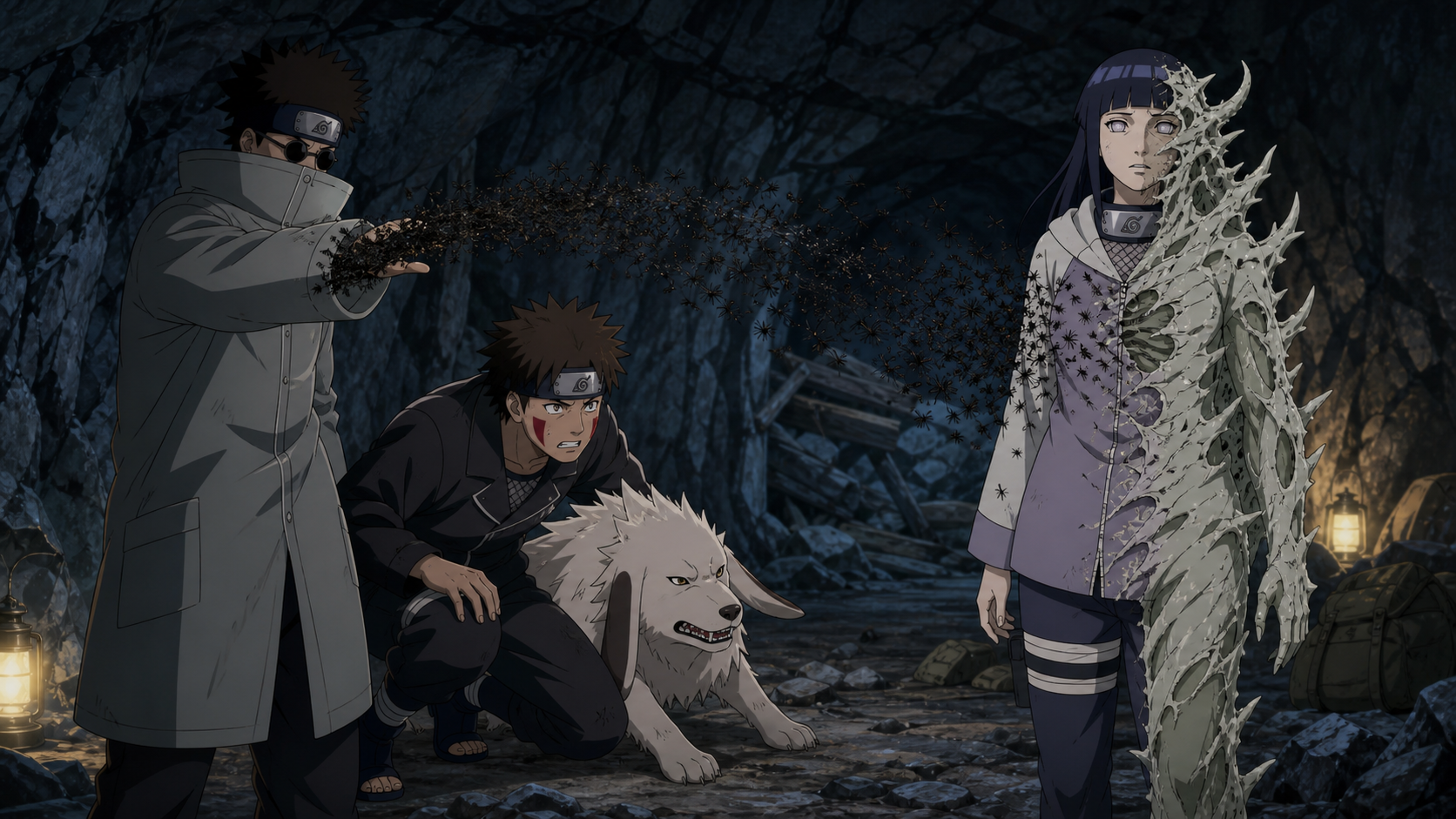 Shino’s kikaichu expose a false Hinata transforming into White Zetsu as Kiba and Akamaru react inside a sealed cave in Naruto Shippuden Episode 279