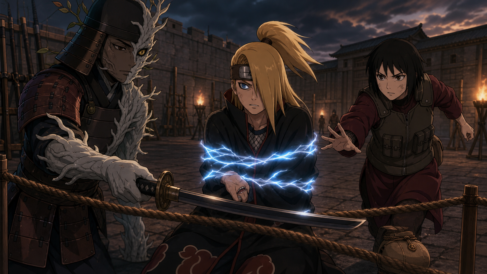 A transforming White Zetsu samurai passes a katana across the custody boundary to lightning-restrained Deidara as Kurotsuchi reacts in Naruto Shippuden Episode 280