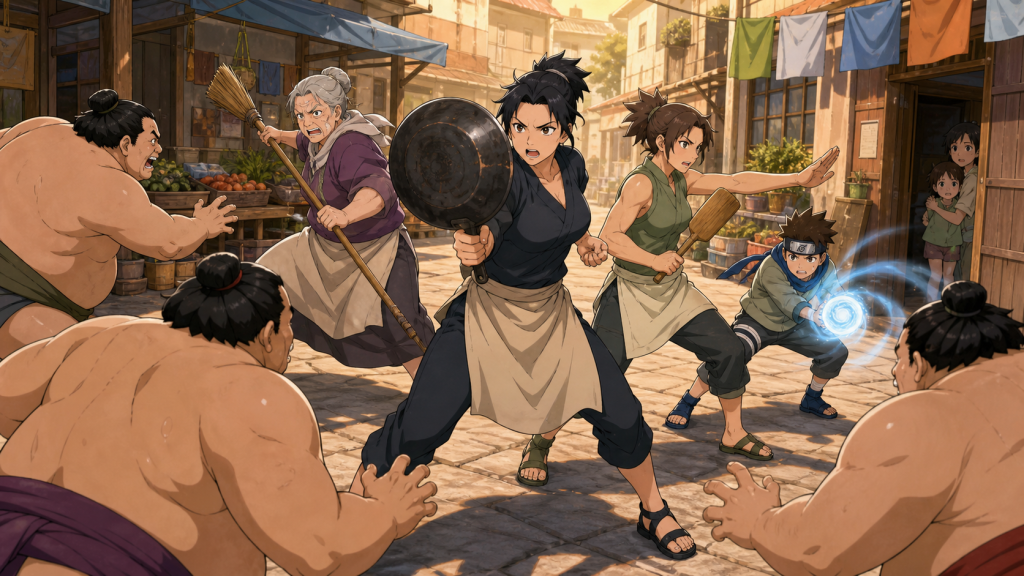 Konoha mothers and shopkeepers defend a village market from sumo invaders while Konohamaru contributes a Rasengan in Naruto Shippuden Episode 281