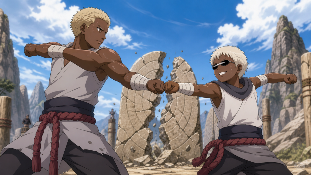 Young A and Killer B complete the synchronized Double Lariat trial and meet in their first meaningful fist bump in Naruto Shippuden Episode 282