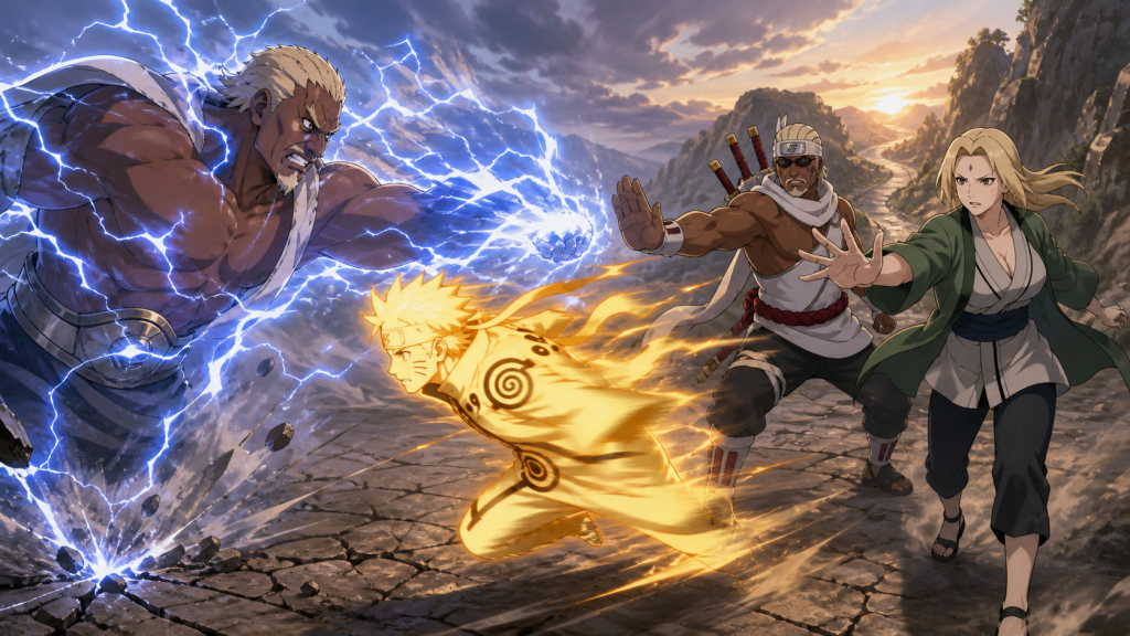 Naruto in Nine-Tails Chakra Mode evades the Fourth Raikage’s lightning strike as Killer B and Tsunade hold the road in Naruto Shippuden Episode 283