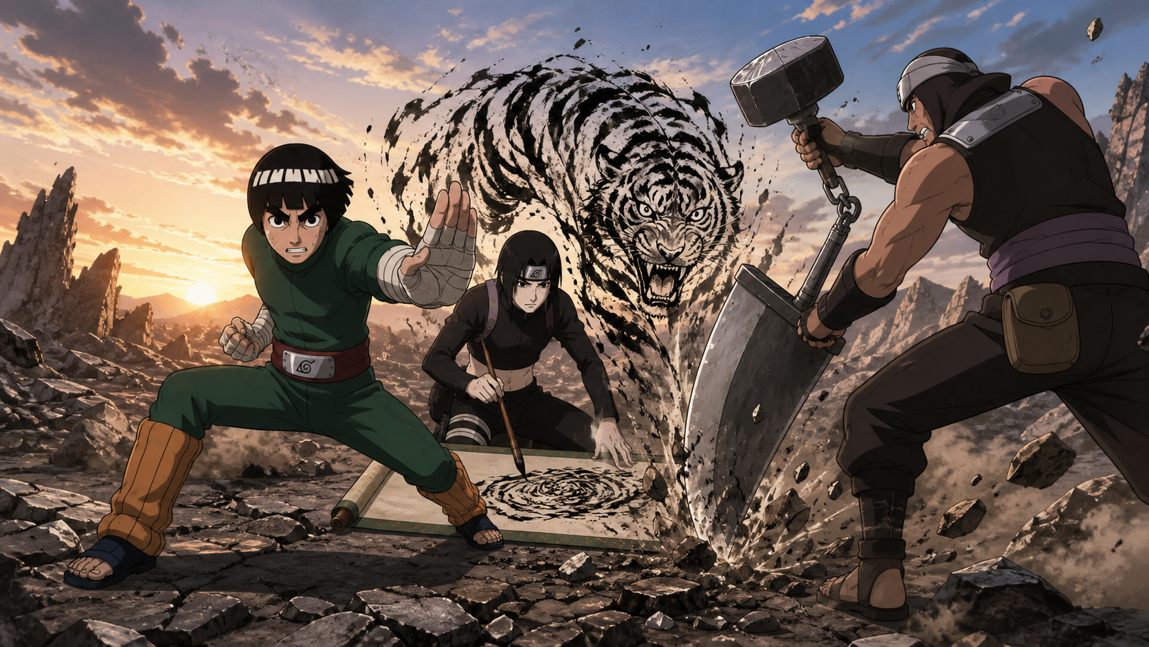 Sai paints a fierce ink tiger from a sealing scroll while Rock Lee protects him and Jinin Akebino attacks with Kabutowari in Naruto Shippuden Episode 284