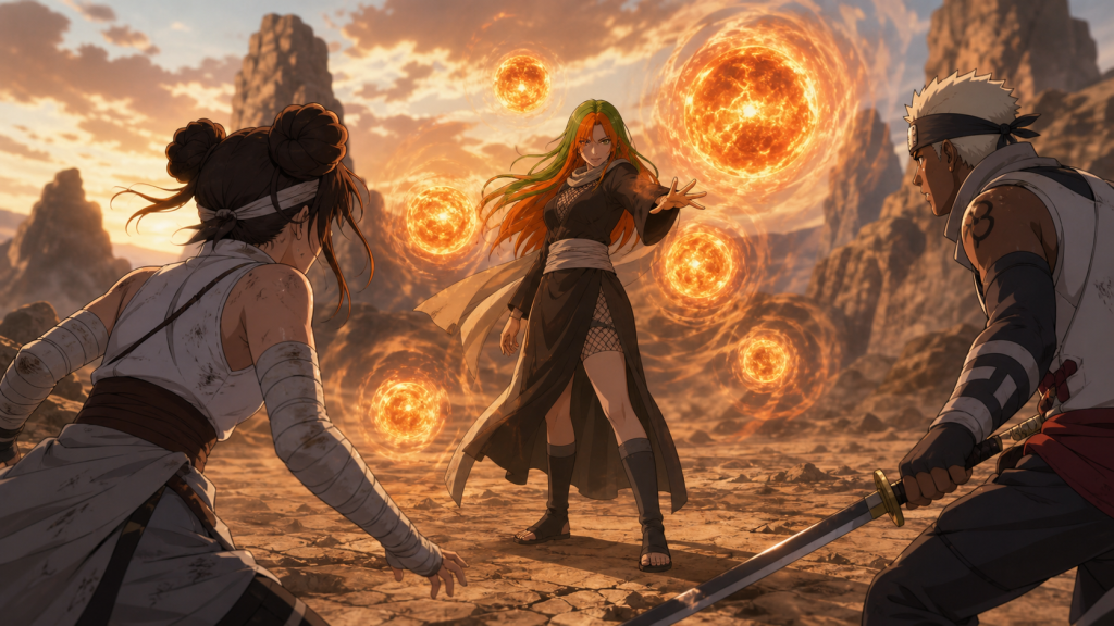 Pakura commands blazing Scorch Style heat orbs while Maki recognizes her former teacher and Omoi guards their flank in Naruto Shippuden Episode 285
